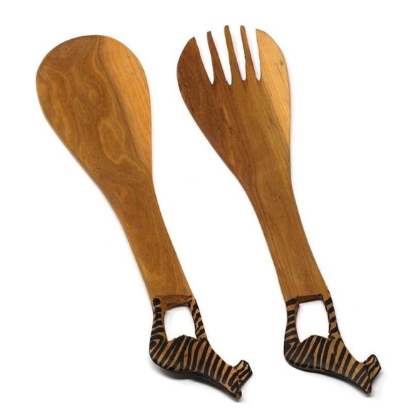 Jedando Handicrafts Hand - Carved Zebra Salad Serving Set - Picture 1 of 7